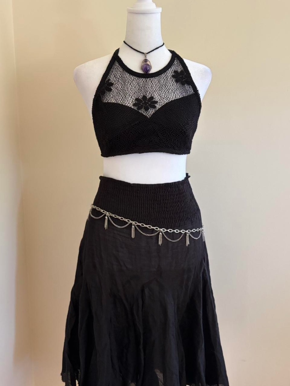Vintage 90s floral mesh halter top black sheer knit fishnet goth hippie boho S-M - Picture 8 of 11